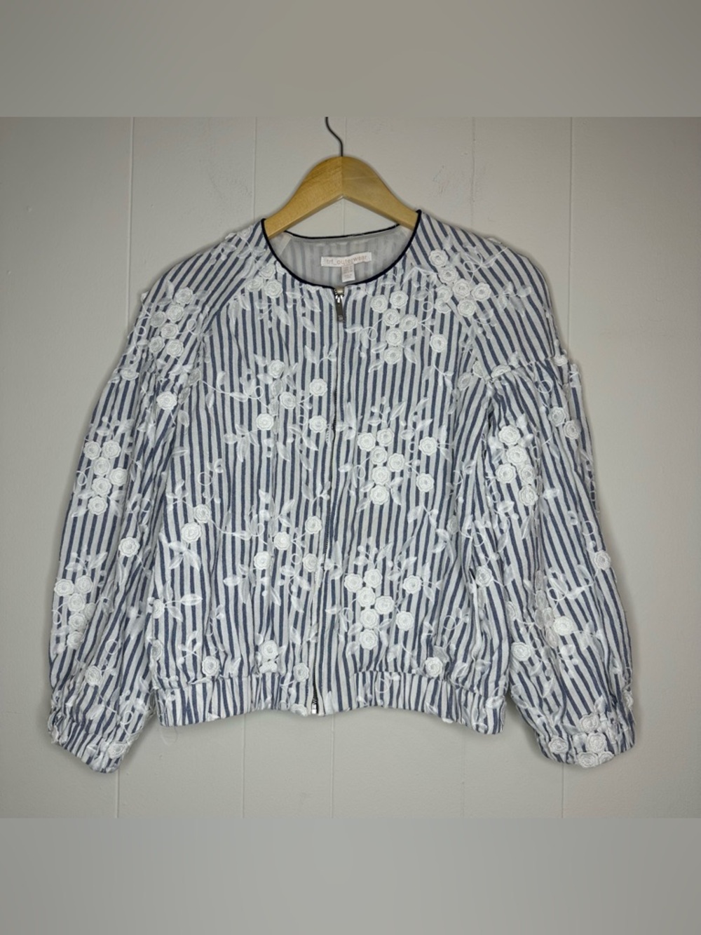 TRF Outerwear Zara Floral Lace Embroidered Overlay Bomber Jacket Babydoll S Blue